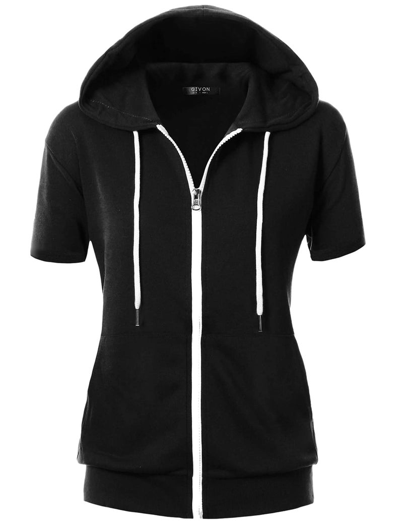 GIVON Womens Slim Fit Zip Up Hoodie Short Sleeve Thin Jacket Full Zip Sweatshirt with Plus Size / DCF207-BLACK-2XL - Image 2